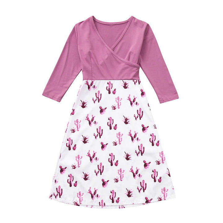 Damen Wickelkleid mit auffälligem Kaktusdruck und langen Ärmeln Drune