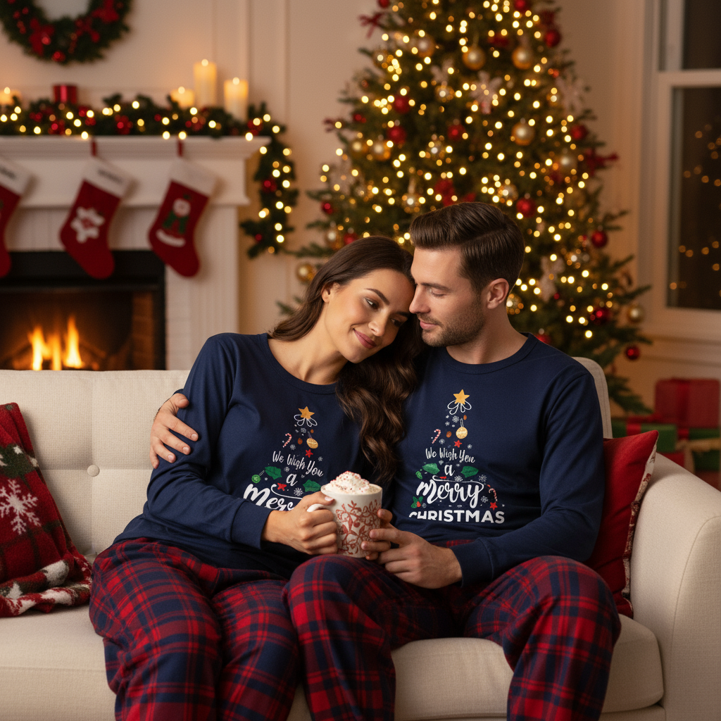 Drune | "Wir wünschen Ihnen einen frohen Weihnachten" bedrucktes blaues Longsleeve-Oberteil mit blauen und roten karierter Paarpassenden Pyjamas