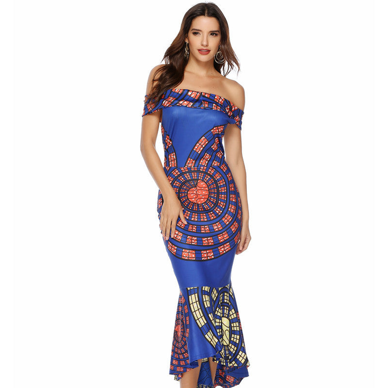 Damen Off-Shoulder Maxikleid mit einzigartigem Muster und asymmetrischem Saum Drune