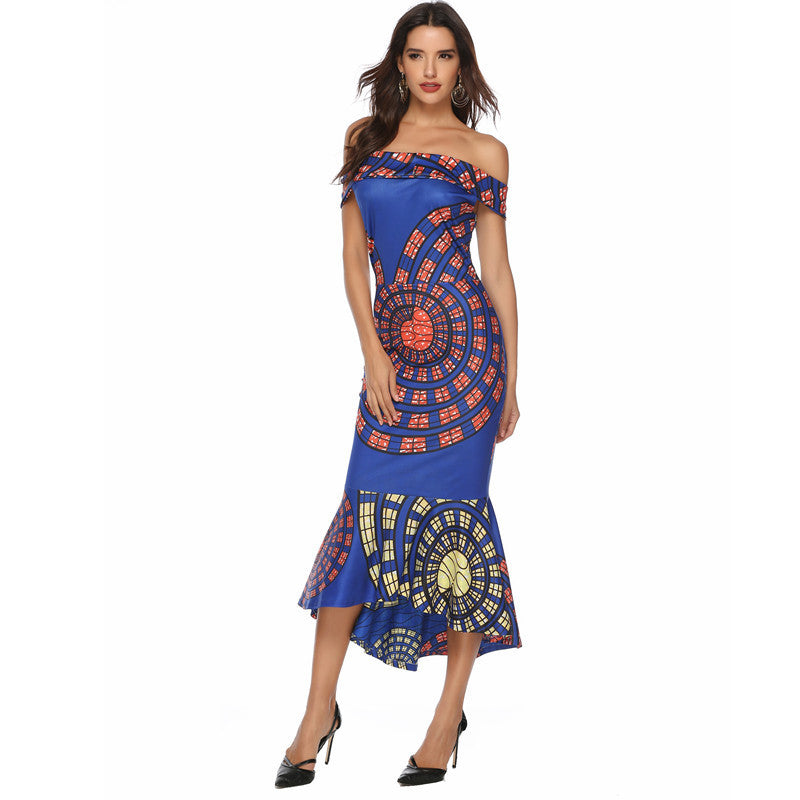 Damen Off-Shoulder Maxikleid mit einzigartigem Muster und asymmetrischem Saum Drune
