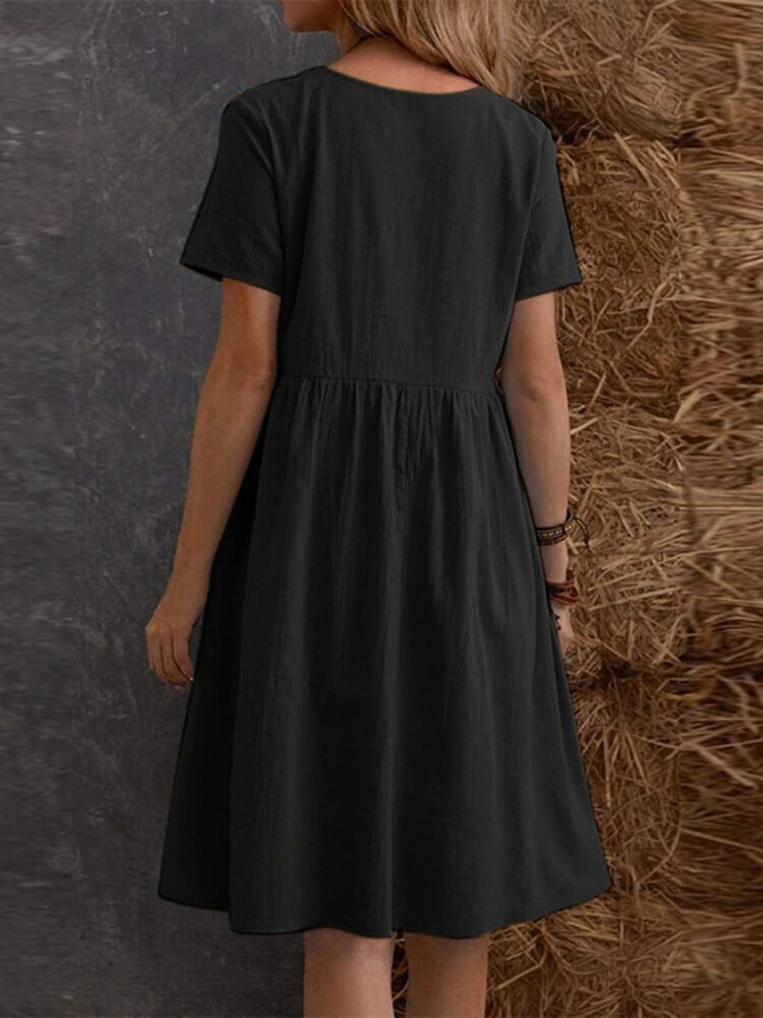 Drune | Lose Tasche einfarbig Rundhalsausschnitt Kleid