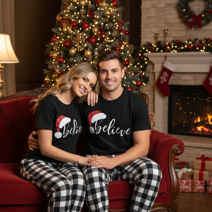 Drune | Glaube Paar Weihnachts-Pyjama-Set - Schwarzes Oberteil Schwarze und Weiße Karohosen Weiße Textgrafik