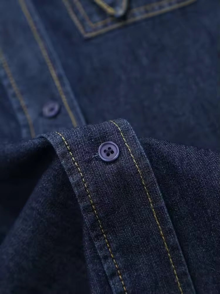 Drune | Dunkle Denim Bluse Mit Schleifenkragen