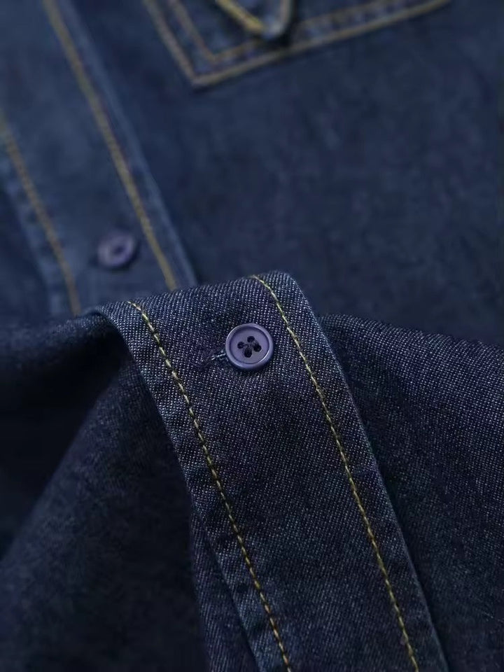 Drune | Dunkle Denim Bluse Mit Schleifenkragen