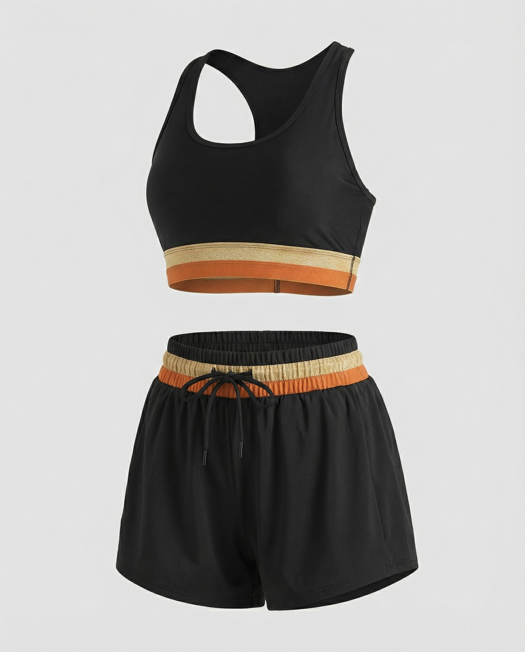 Drune | Schwarzes Colorblock Reißverschluss Rücken Sport Bikini-Oberteil mit Boyshort-Set