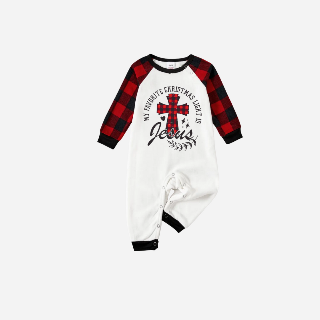 Drune | Mein Lieblings-Weihnachtslicht ist Jesus Familien-Weihnachts-Pyjama-Set - Weißes Oberteil mit roten karierten Ärmeln und roten karierten Hosen