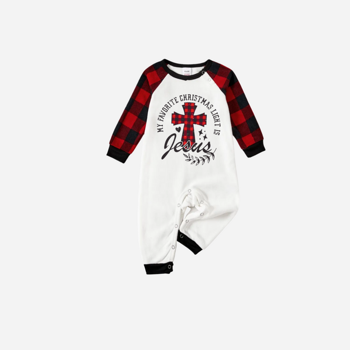 Drune | Mein Lieblings-Weihnachtslicht ist Jesus Familien-Weihnachts-Pyjama-Set - Weißes Oberteil mit roten karierten Ärmeln und roten karierten Hosen