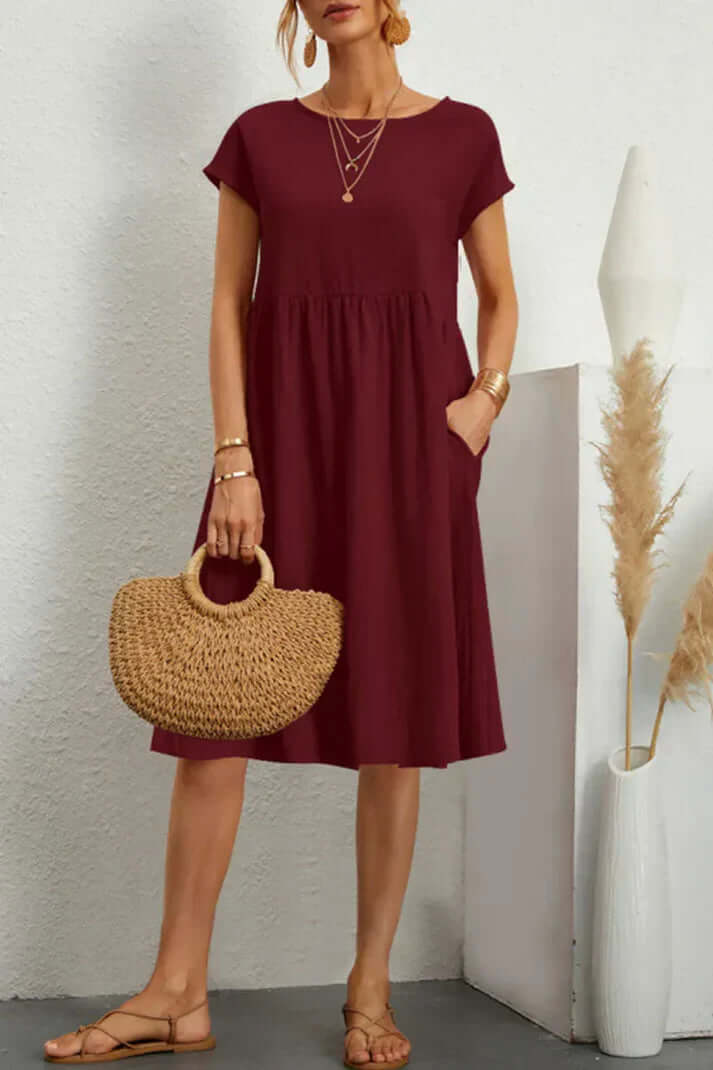 Drune | Einfarbiges, Lässiges Kleid mit Kurzen Ärmeln und Rundem Halsausschnitt