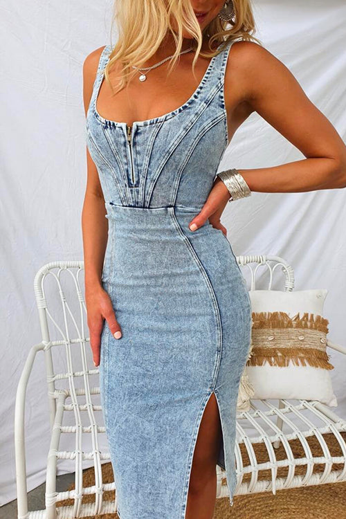 Drune | U-Hals Reißverschluss Schlitz Denim Bodycon Cami Kleid
