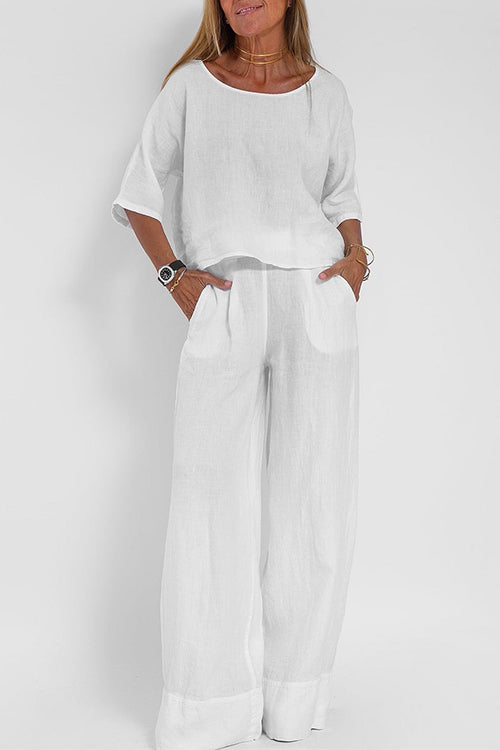 Drune | Rosiedress Rundhals 3/4 Ärmel Pullover Weite Beinhosen Baumwolle Leinen Set