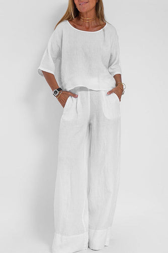 Drune | Rosiedress Rundhals 3/4 Ärmel Pullover Weite Beinhosen Baumwolle Leinen Set