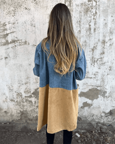 Drune | Stoff Trenchcoat - Denim und Wildleder-Look Kontrast mit Knopfverschluss