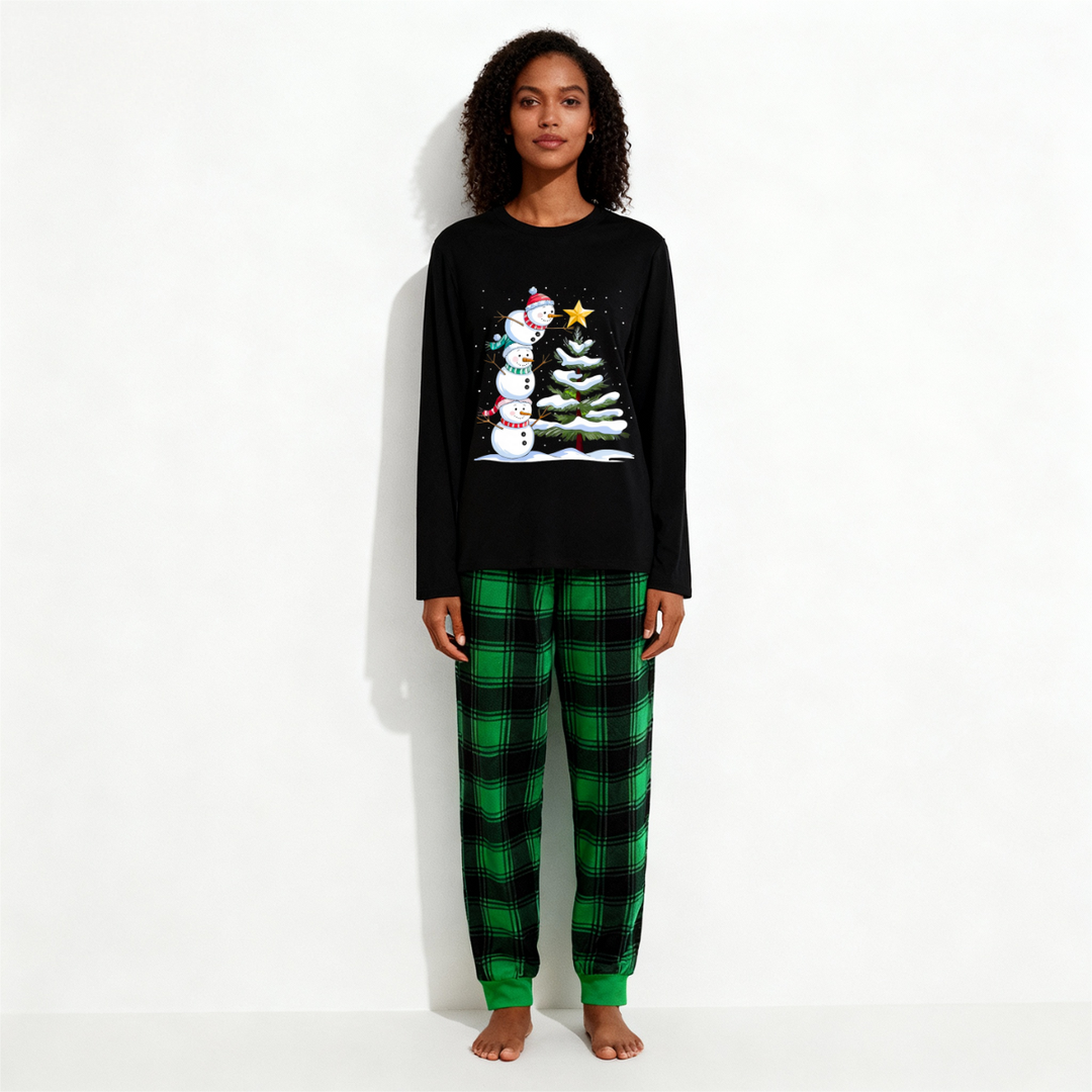 Drune | Weihnachtsfamilien-Pyjama-Set - Schwarzes Oberteil und grüne Karo-Hose mit Schneemann-Comic-Druck