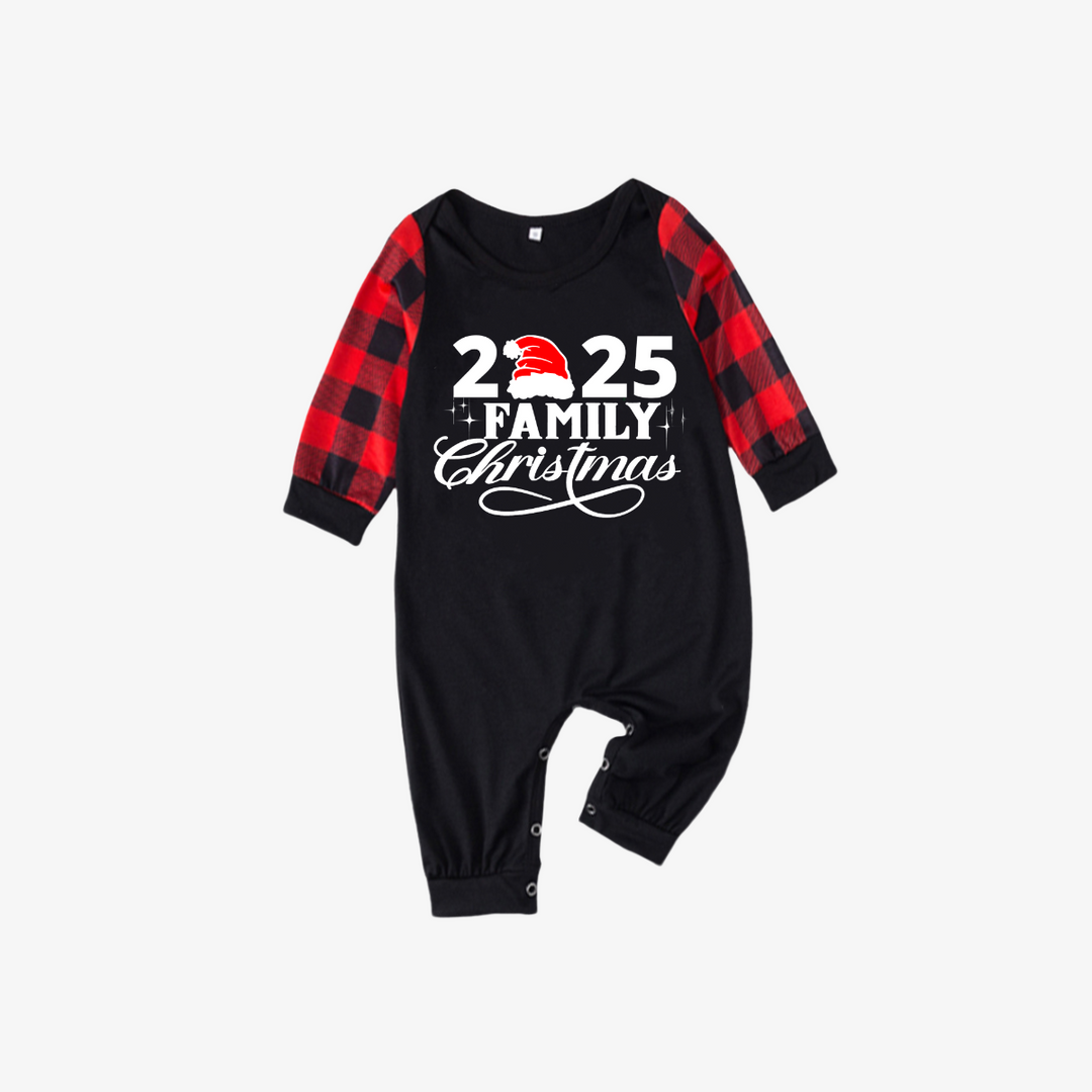 Drune | "2025 Familie Weihnachten" Buchstaben Druck Schwarz & Rot Karo Familie Passende Schwarze Pyjamas