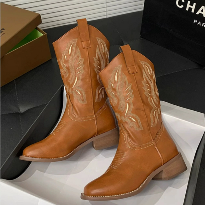 Drune | Western Stil Stiefel Damen mit Spitzem Kopf und Blockabsatz, Cowboy Stiefel Damen
