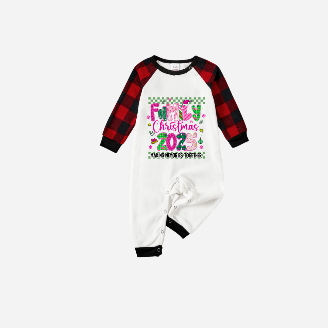 Drune | "Familienweihnachten 2025" Faux Glitter Schwarz und Rot Raglanärmel Weihnachts-Pyjama-Set