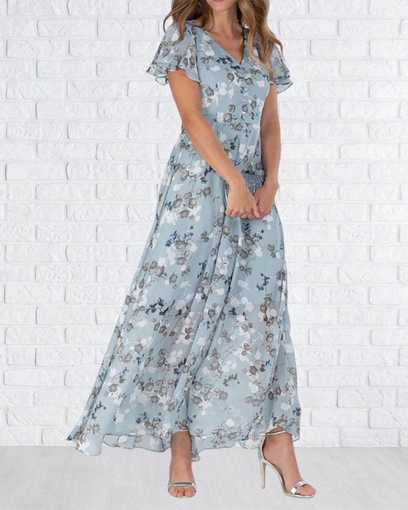 Drune - Florales Maxikleid Damen | Chiffonstoff luftiges Sommerkleid | Maxikleid mit fließendem Rock
