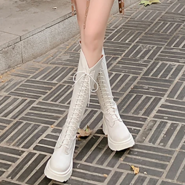 Drune | Hohe Stiefel Damenstiefel mit Schnürung und Robuster Ferse