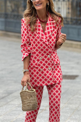Drune | Rosiedress Geometrischer Druck Revers Doppelt Knopf Blazer und Flare-Hosen Set