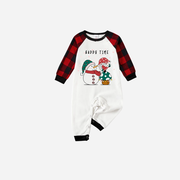 Drune | Rote und Schwarze Karierte Weihnachts-Pyjama-Set mit Schneemann und Gnom und "Happy Time" Textdruck