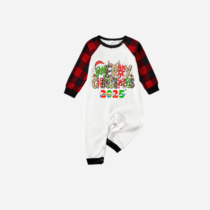 Drune | Fröhliche Weihnachten 2025 Familien Weihnachts-Pyjama-Set - Weißes Oberteil mit roten Karos Ärmeln und roten Karos Hosen