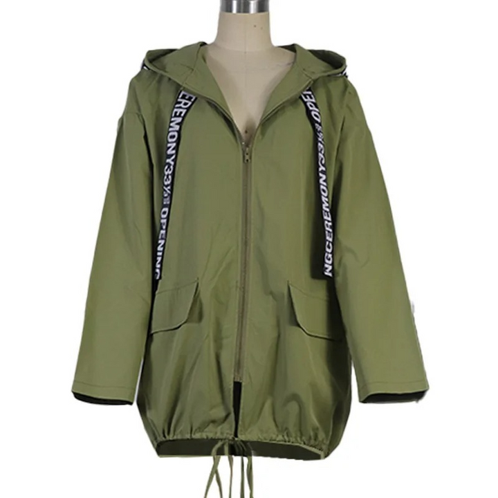 Damen Trenchcoat mit Kapuze und Auffälligem Textdesign