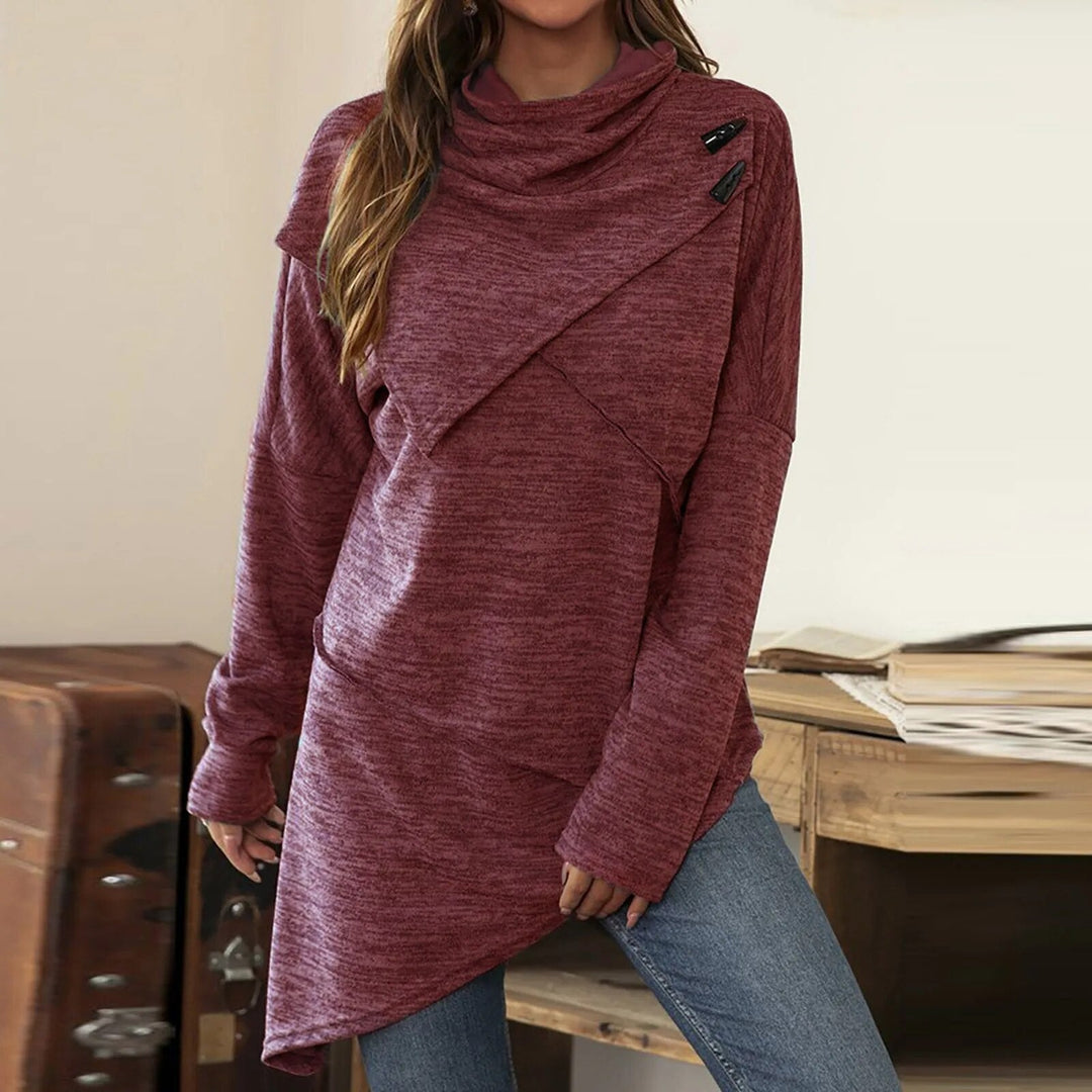 Drune | Damen Hoodie - Langer Pullover mit Wickelkragen & Knopfdetails