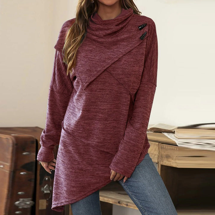 Drune | Damen Hoodie - Langer Pullover mit Wickelkragen & Knopfdetails