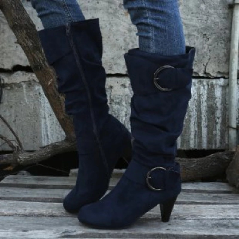 Drune | Damen Knielange Stiefel mit Reißverschluss und Schnalle Stilvolle Hohe Stiefel