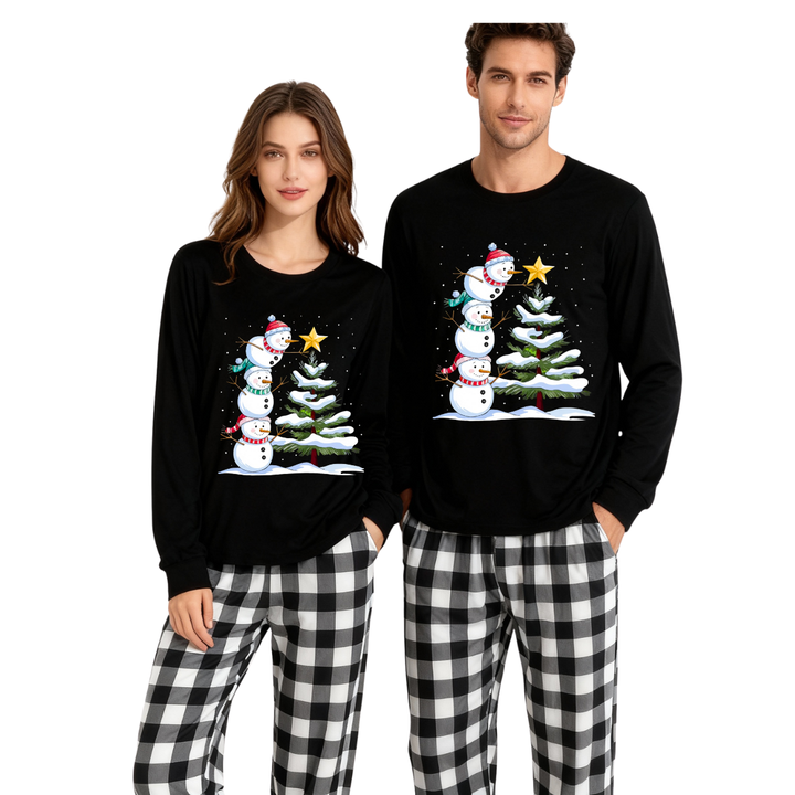 Drune | Schwarz-weiß kariertes Weihnachts-Pyjama-Set mit Schneemann- und Weihnachtsbaumdruck