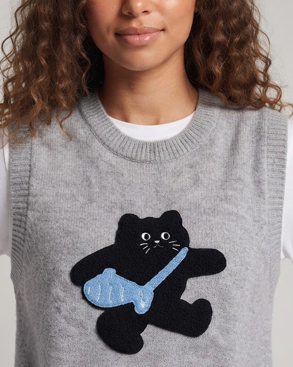 Damen Gestrickte ärmellose Weste mit aufgesticktem Katzenmotiv und Rippbündchen Drune