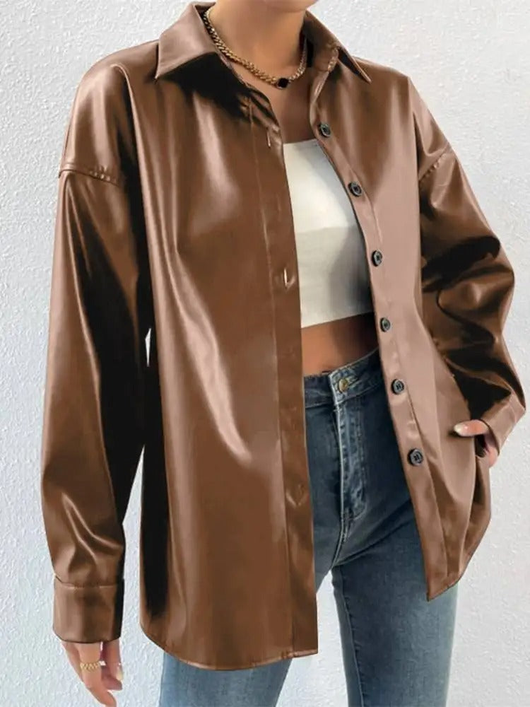 Drune | Vintage leather bomber jacket with lapel collar and button closure