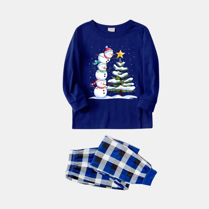 Drune | Paar Blaue Karierte Schlafanzugset mit Schneemann- & Weihnachtsbaumdruck