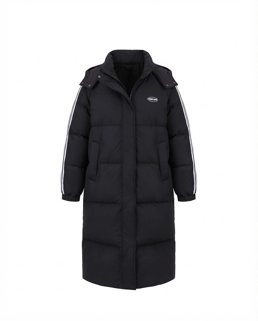Damen nan längerer steppthermocoat mit hohem Stehkragen, Sportstreifen und integrierter Brusttasche