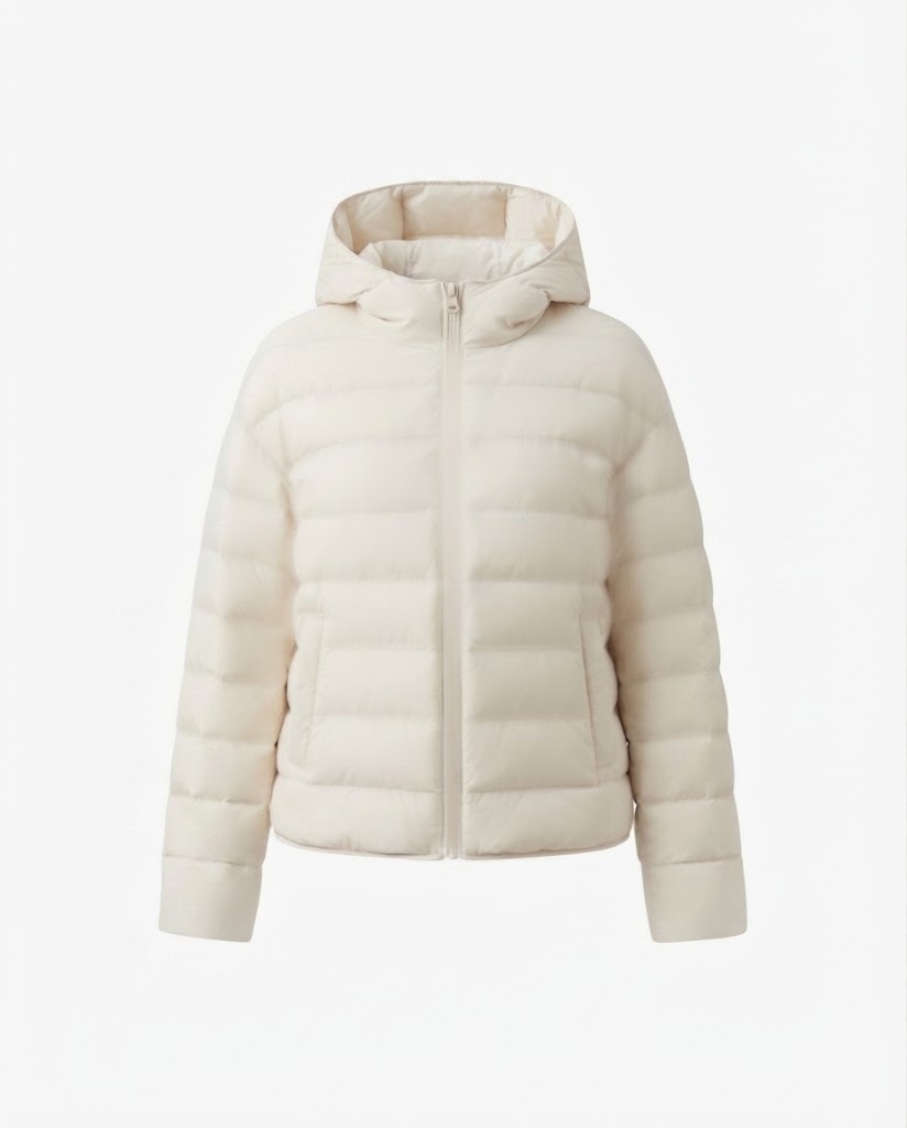 Damen nan minimalistischer kurzer thermo gesteppter Jacke mit ergonomischer Kapuze, maßgeschneidertem Nahtdesign und winddichtem Außenmaterial
