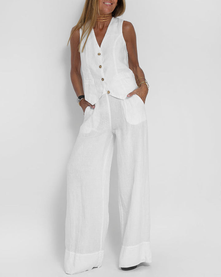 Drune | Elegantes 2-Teiliges Set Leinen Weite Hose & Weste