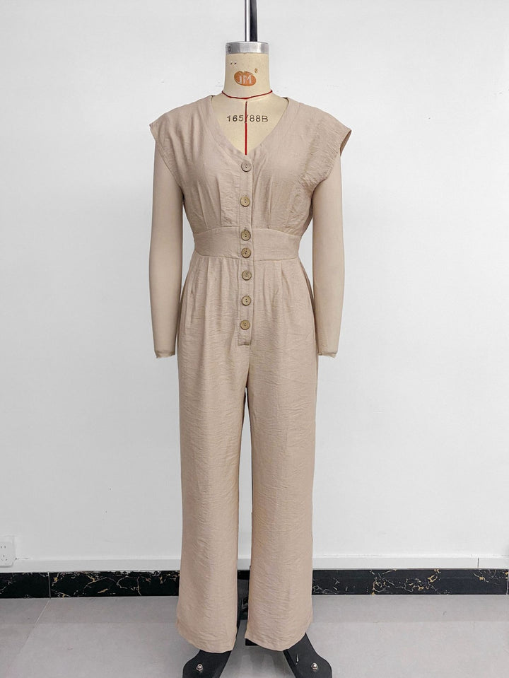 Drune | V-Ausschnitt einfarbiger elastischer Overall mit hoher Taille und weitem Bein