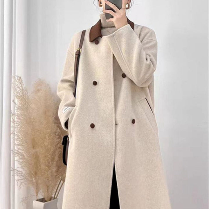 Drune | Wollmischung lange Jacke mit braunem Kragen für Damen - Ambra