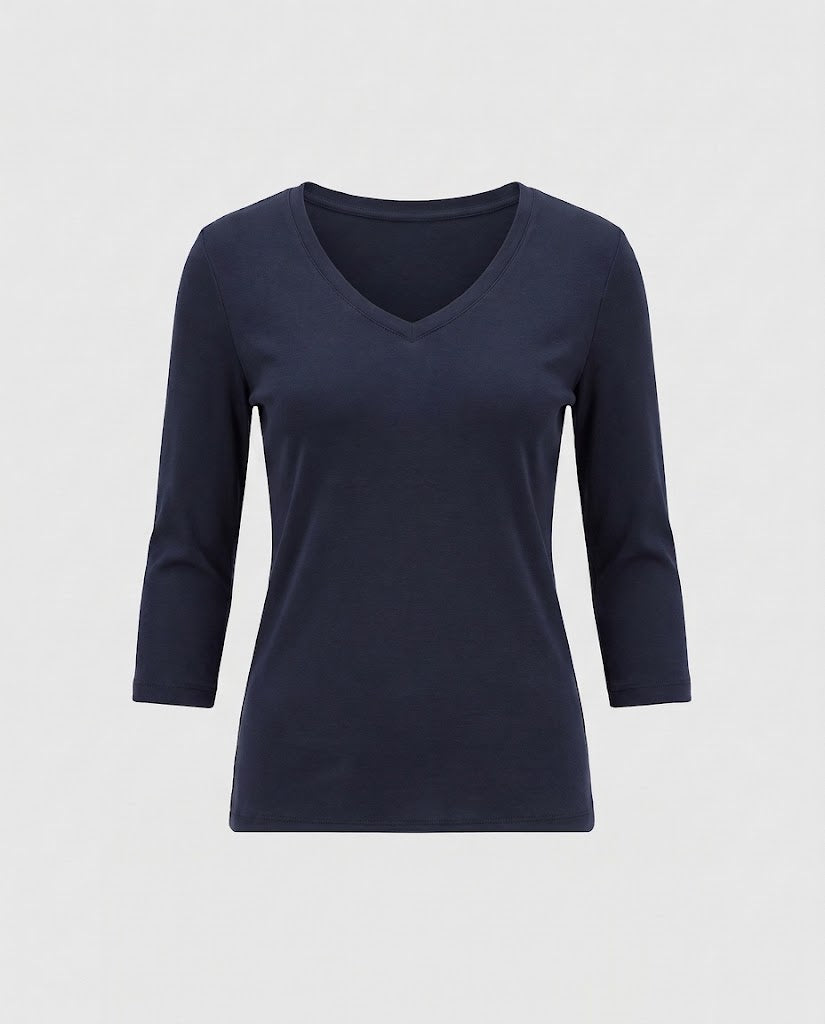 Damen Figurnahes V-Ausschnitt Feinstrick-Longsleeve mit dreiviertelärmeln Drune