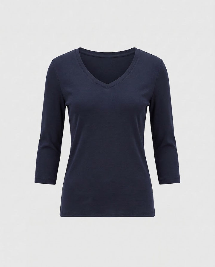 Damen Figurnahes V-Ausschnitt Feinstrick-Longsleeve mit dreiviertelärmeln Drune