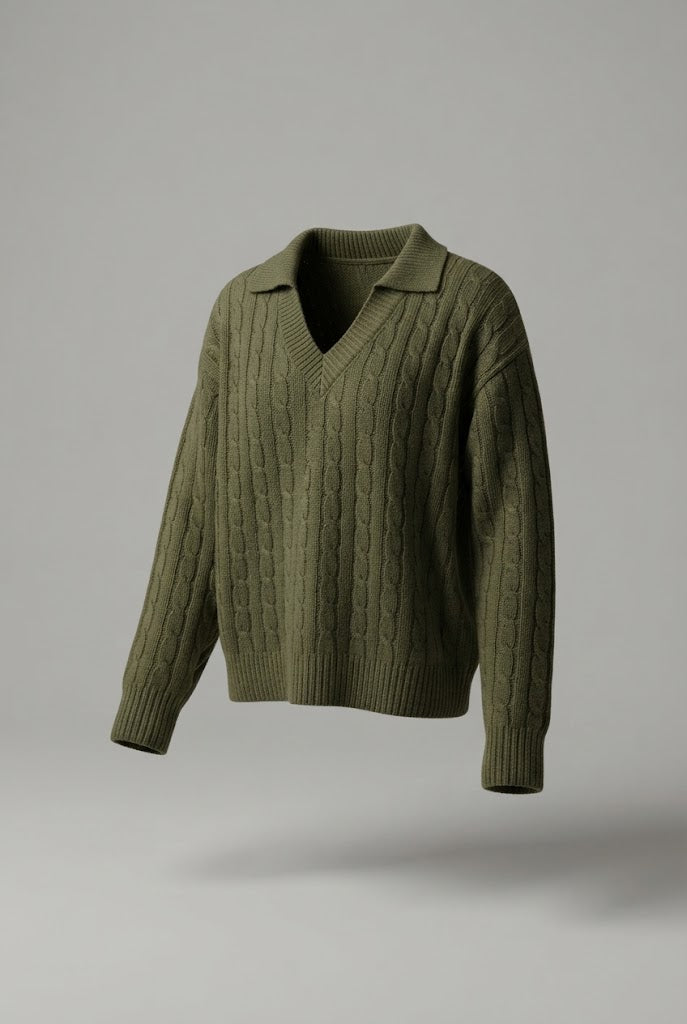 Damen Oversize Rippstrick-Pullover mit V-Ausschnitt und Hemdkragen Drune