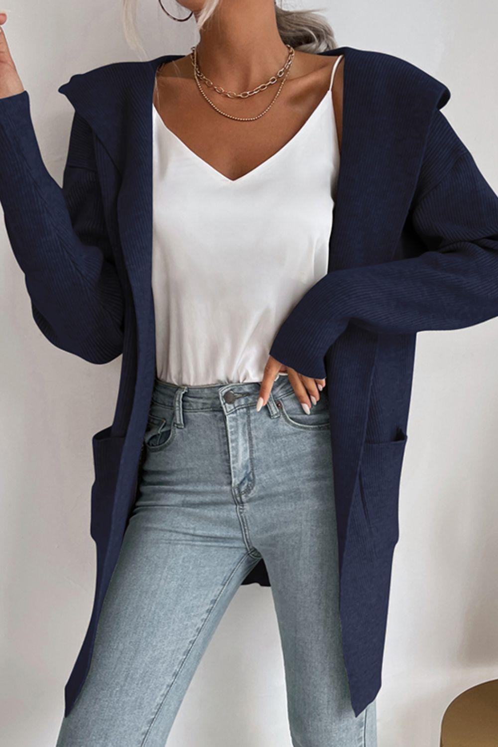 Drune | geripptes offen-front Cardigan mit Kapuze und Taschen