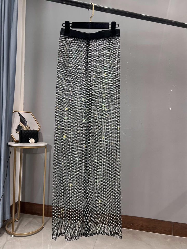 Drune | Rhinestone Gerade Netz Weite Bein Slim Fit Schmeichelnde Mop Hosen