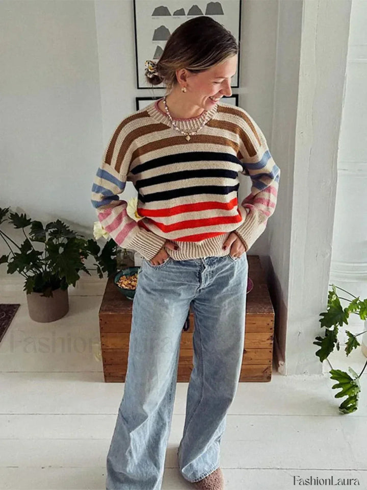 Drune | Colorful striped vintage knit sweater with a round neck