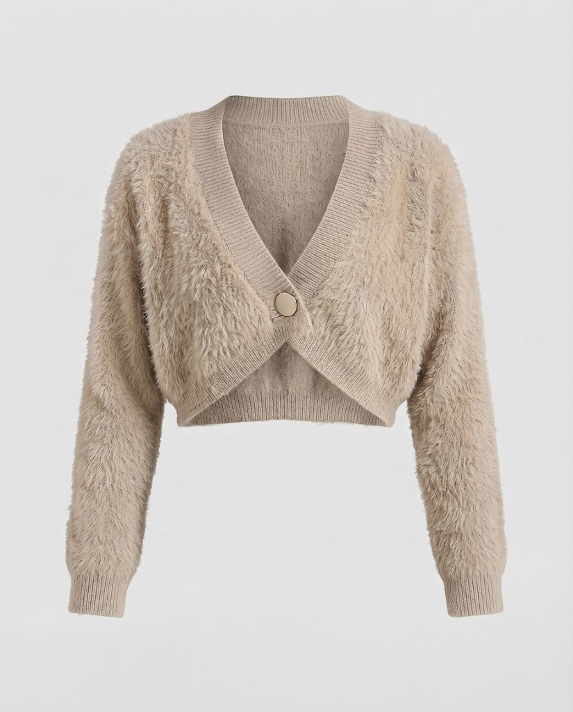 Damen Kurzcardigan aus flauschigem Kunstfell‑Strick mit tiefem V‑Ausschnitt und Zierknopf Drune