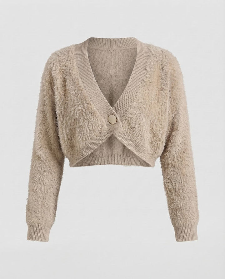 Damen Kurzcardigan aus flauschigem Kunstfell‑Strick mit tiefem V‑Ausschnitt und Zierknopf Drune