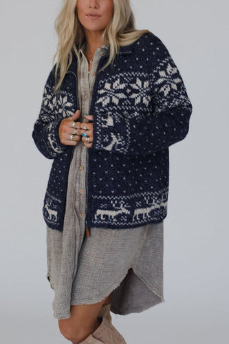Drune | Weihnachts-Schneeflocken-Elch-Reißverschluss Langarmpullover