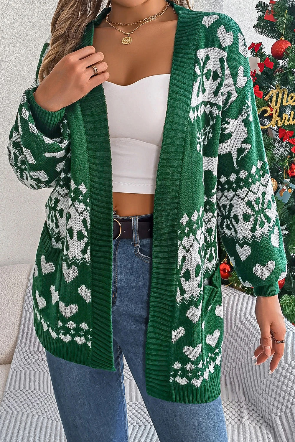 Drune | Dunkelgrüner Weihnachts-Langarmcardigan