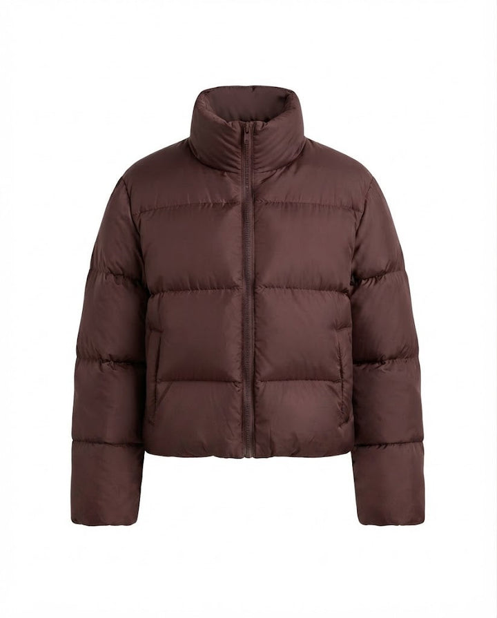Damen ultraleichte kapuzenlose oversized Pufferjacke mit hohem Stehkragen, leiser Außenschicht und thermisch isolierender Füllung