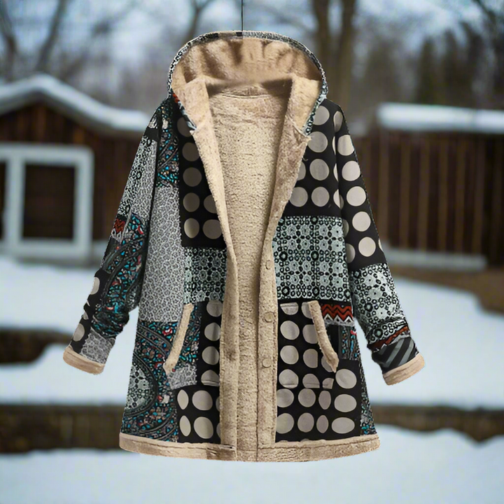 Drune | Langer Patchwork-Mantel - Gefüttert mit Fleece - Kapuze & Knopfverschluss - Lässiger Look